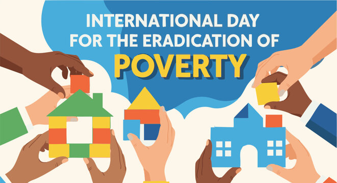 Diverse hands holding houses made of blocks in colorful playful lighting for poverty eradication awareness