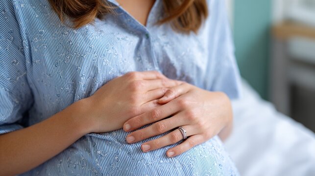 Pregnant woman holding belly while resting in bedroom