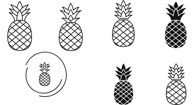 Minimalist flat design icons of five pineapples arranged in a circular pattern with one highlighted.