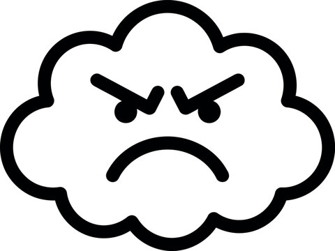 Angry cloud, emoticon face, black line art, vector icon, negative expression