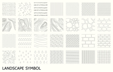 landscape geographic icons depicting a rock, pavement, brick wall, earth, water, and a vector texture of a grassy area. A large set of icons with a transparent background © Anminsi