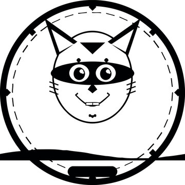 Black and white cat face icon, cartoon feline head, smiling animal mask, vector illustration