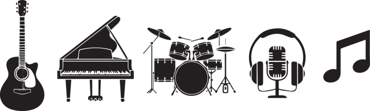 Musical instruments including a guitar, grand piano, drum kit, and microphone are arranged in a horizontal row against a white background.