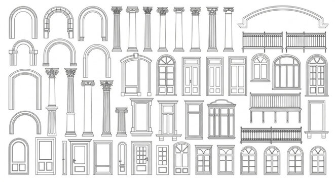 Classical Architectural Elements CAD Elevation Set &mdash; Arches, Columns, Doors, Windows and Balustrades in Technical Drawing