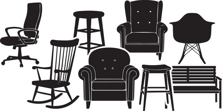 A grouping of diverse seating options, including an executive chair, bar stools, wingback chair, modern chair, and a bench, are shown as black silhouettes.
