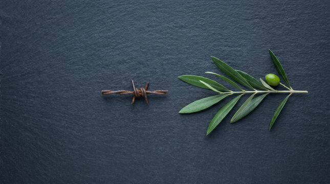 Olive branch facing barbed wire on deep slate grey, peace versus war ceasefire paradox Ukraine Victory Day conflict diplomacy concept.
