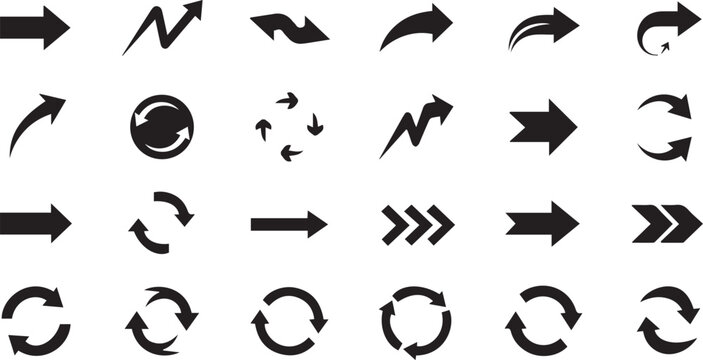 Directional arrows and circular refresh symbols are presented in a grid of black vector icons for user interface design.