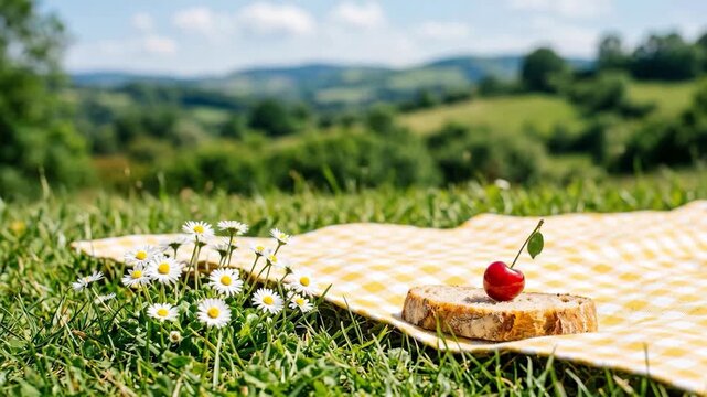 Delicious cherry on bread slice on picnic blanket in sunny field.