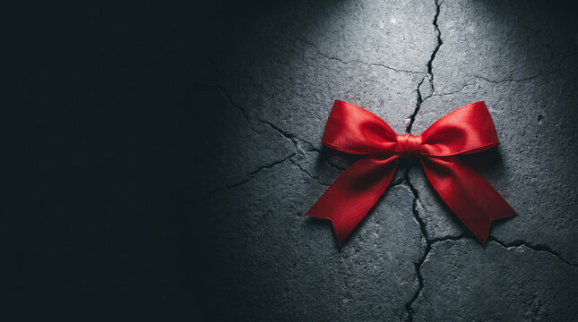 Red ribbon bow on cracked dark concrete charcoal, celebration on destruction Victory Day paradox war ceasefire hypocrisy concept.
