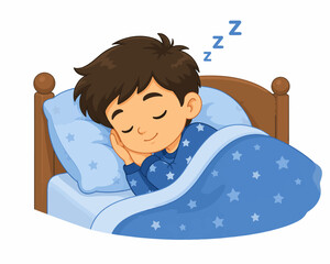 Cute cartoon little boy sleeping peacefully in bed © Srabon