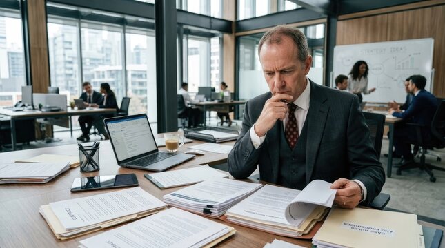 A serious businessman sits at a desk in a modern office, deeply engrossed in reviewing a stack of documents and a laptop.