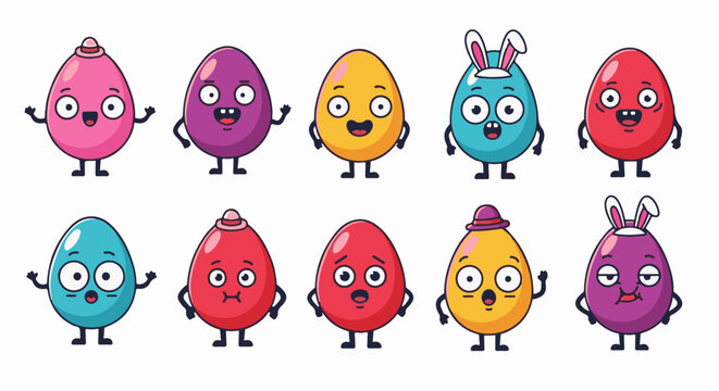 A collection of colorful cartoon eggs with various facial expressions and accessories