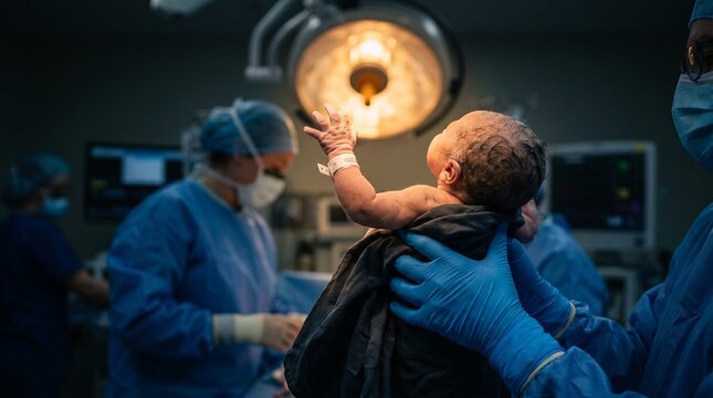 Newborn baby held by surgeon in hospital operating room.
