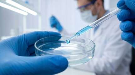Fototapeta premium Scientist using pipette to drop blue liquid into petri dish in laboratory.