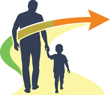 Parent And Child Future Journey Vector Illustration, Family Growth Direction Concept With Arrow Path Silhouette