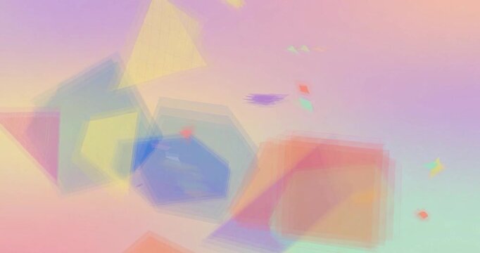 Abstract geometric shapes with soft pastel color gradient background featuring overlapping polygons and blurred translucent squares creating dreamy and calming visual effect in polygonal design