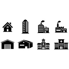 Obraz premium Buildings including house, skyscraper, factory, warehouse, school, and hospital are shown as icons.