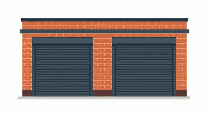 A brick building facade featuring two closed industrial roll-up doors