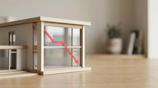 Real estate investment concept showing mortgage crisis with downward arrow on modern house model