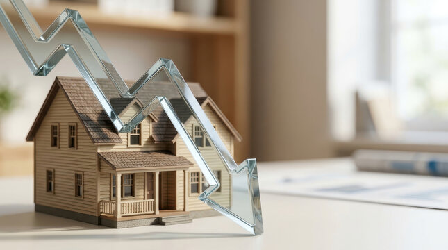 Real estate investment concept showing mortgage crisis with downward arrow over house model symbolizing market decline and financial challenges