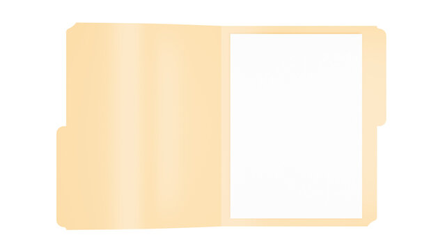 Beige paper folder half-open cream colored document folder with glossy left panel and white paper, isolated on transparent background, front view, representing office filing concept.