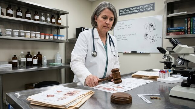 A forensic pathologist examines crime scene photographs at a medical examiner's office. She wears a white lab coat and stethoscope, and holds a gavel over a table covered with documents.