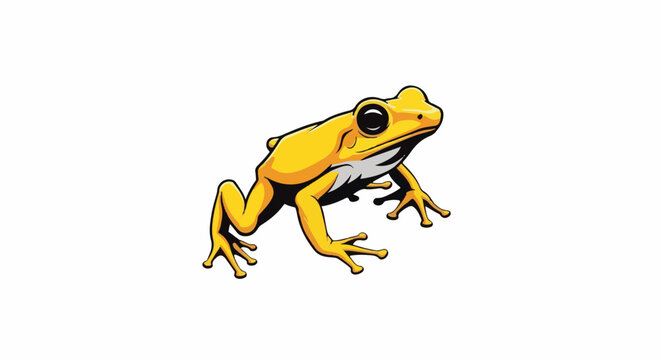 A bright yellow cartoon frog with large dark eyes and webbed feet
