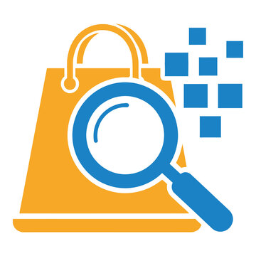 Yellow shopping bag with blue magnifying glass and squares on white background icon