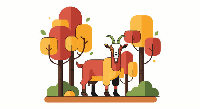 A colorful cartoon goat stands in an autumn forest