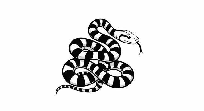 A black and white cartoon illustration of a coiled snake with a forked tongue