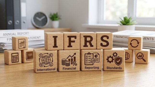 A wooden table displays a stack of wooden blocks arranged to spell the acronym "IFRS".