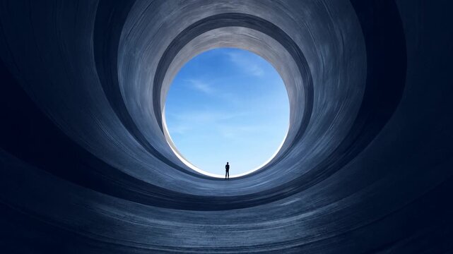 Lone person stands at the end of a dark, circular tunnel. Blue sky and clouds glow beyond the opening. The figure appears small, facing the light with calm resolve. This visual symbolizes journey