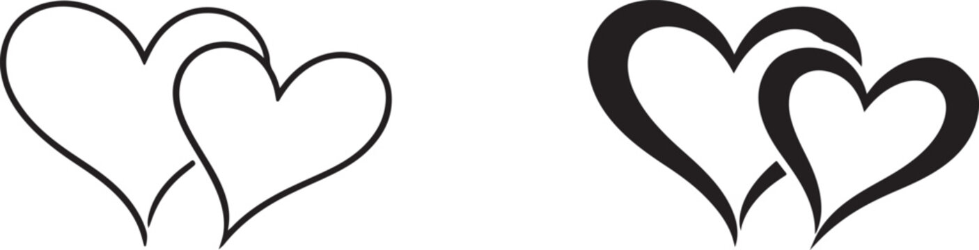 Double hearts hand drawn line art and black silhouette symbol.