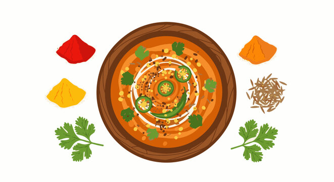 A colorful, cartoon-style illustration of a spicy, garnished dish