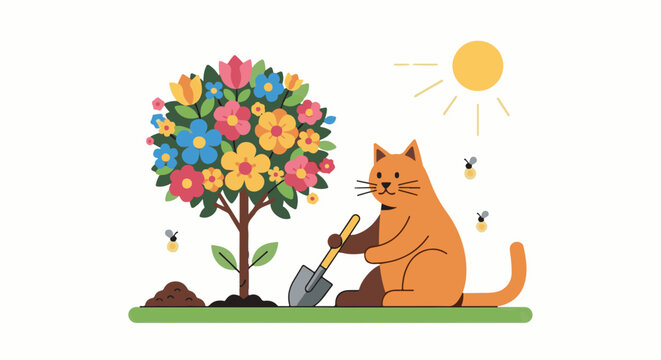 A cat plants a colorful flowering tree under a sunny sky with buzzing insects
