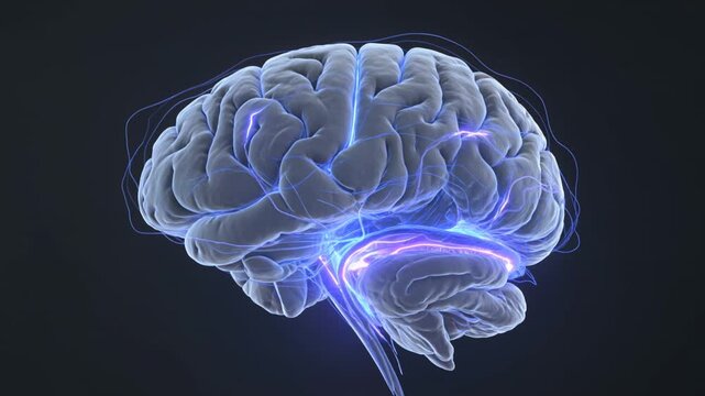 A close-up, detailed 3D render of a human brain with glowing electric blue pathways illustrating neural activity and connections