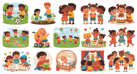Fototapeta premium International Children’s Day Vector Set With Happy Kids in Playful Activities
