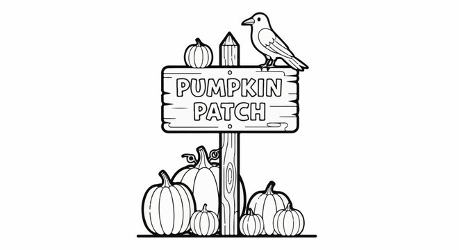 A charming black and white drawing of a rustic wooden sign for a pumpkin patch with a bird and gourds