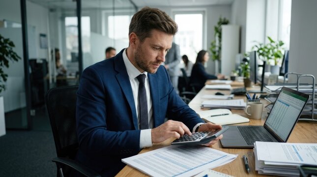 A professional man is intently focused on reviewing financial documents at his desk. He is wearing a dark blue suit, white shirt, and a striped tie.
