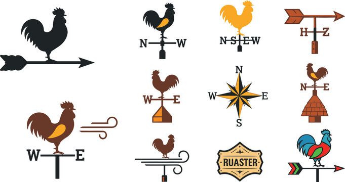 Weather Vane Icon Set Featuring Rooster, Wind Direction Arrows, and Vintage Farmhouse Designs for Websites, Apps, and Digital Media