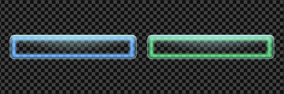 Neon dropdown buttons, glossy transparent banners made from glass.