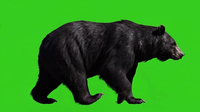 Large Black Bear Walking From Side View on Green Screen Background