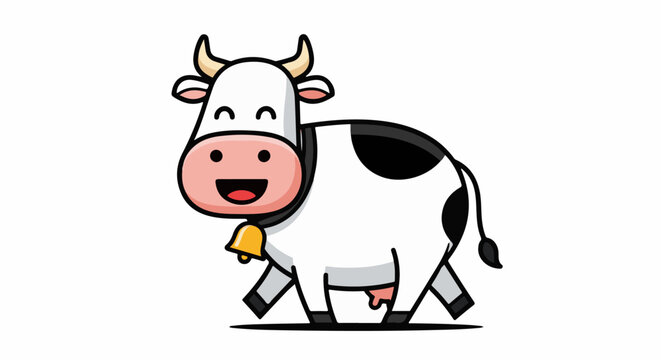 A cartoon cow with black spots and a bell is walking with a smile
