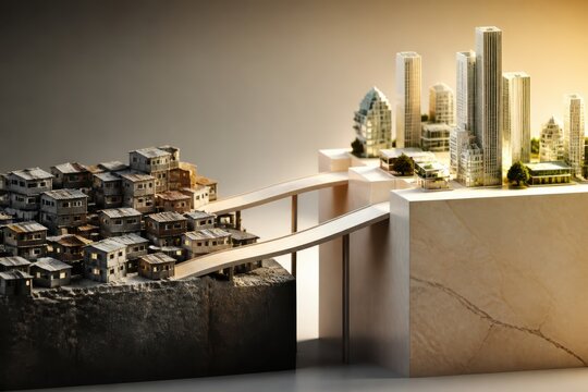Conceptual city model showing contrast between informal settlement and modern high rise skyline