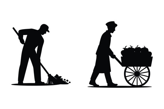 Street sweeper and vendor with cart silhouette vector illustration, silhouette
