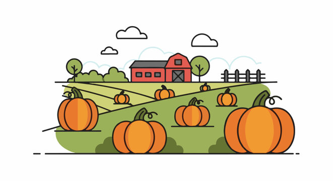 A charming flat illustration of a pumpkin patch with a red barn