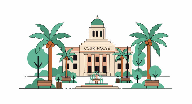 A charming flat illustration of a courthouse with palm trees and a fountain