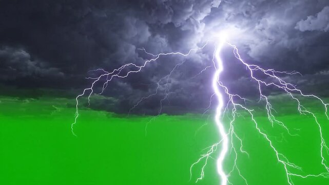 Lightning Strike with Dark Storm Clouds on Green Screen for Compositing