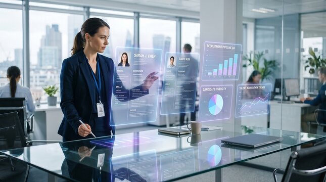 HR Manager Analyzing Digital Holographic Resumes for AI Hiring