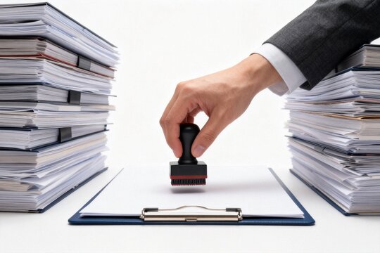 Hand stamping documents between stacks of files
